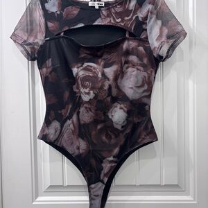 Fashion Nova Black & Dusty Rose Rose Mesh Bodysuit